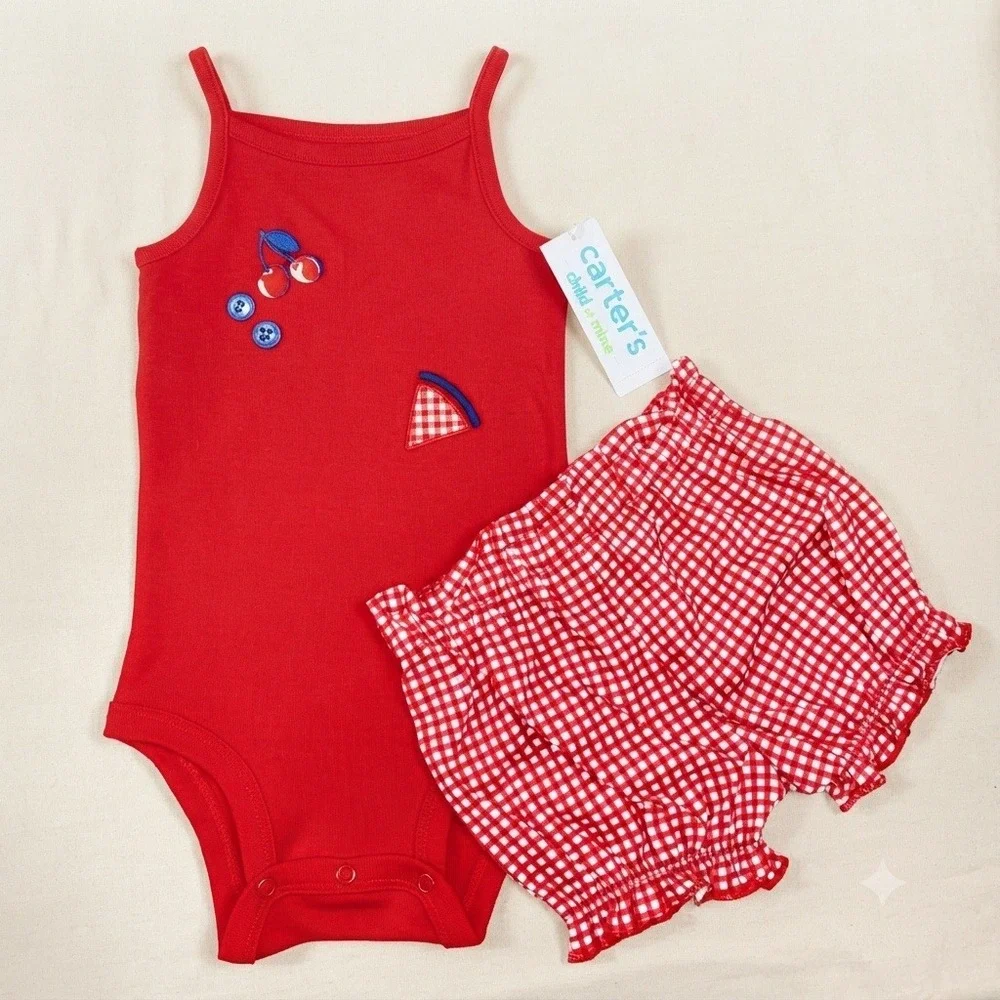 NWT Preemie Girls Red Gingham Carter's Cotton Watermelon 2-Piece Shorts Set